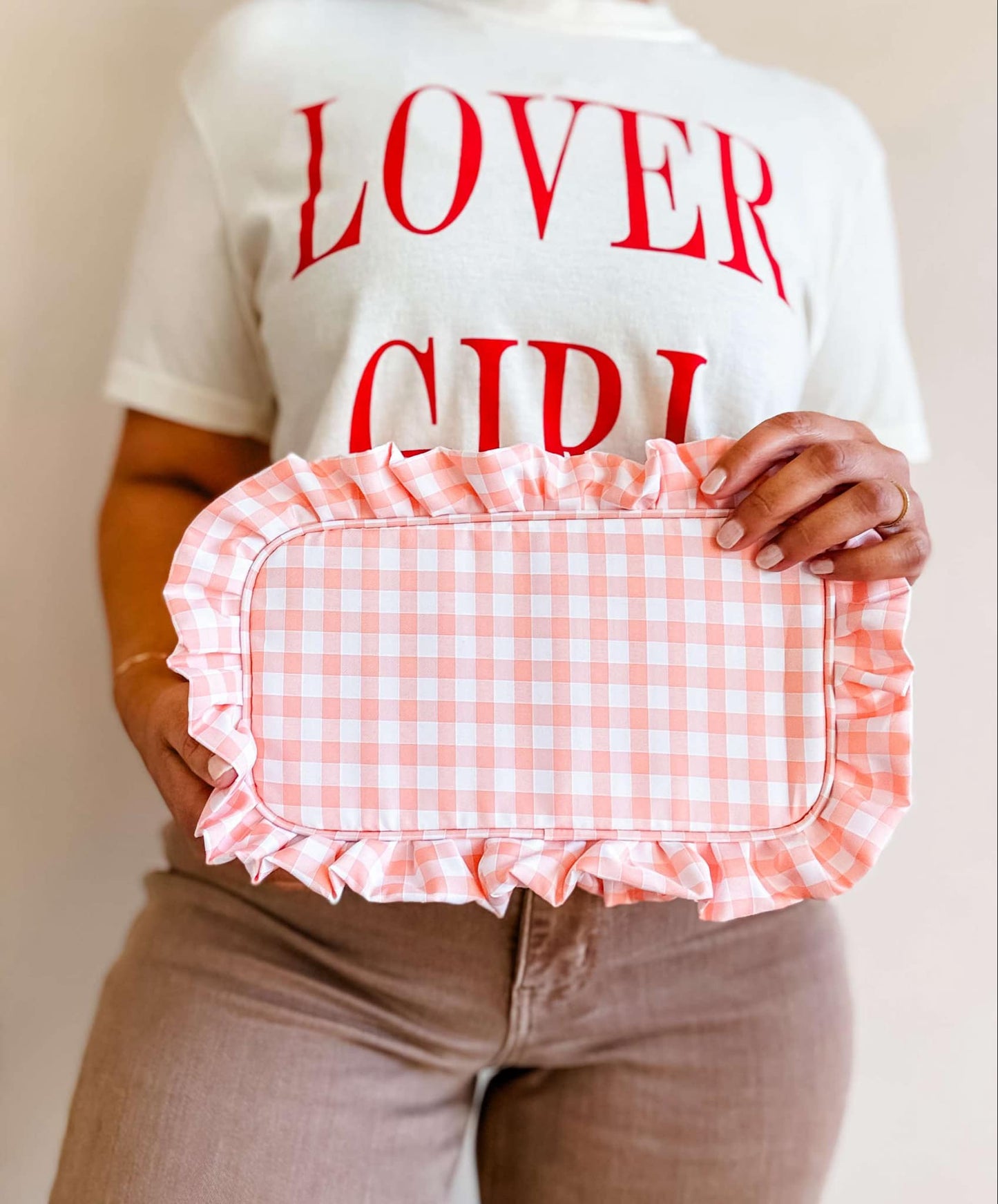 Gingham Ruffle Zipper Carry-all Pouch