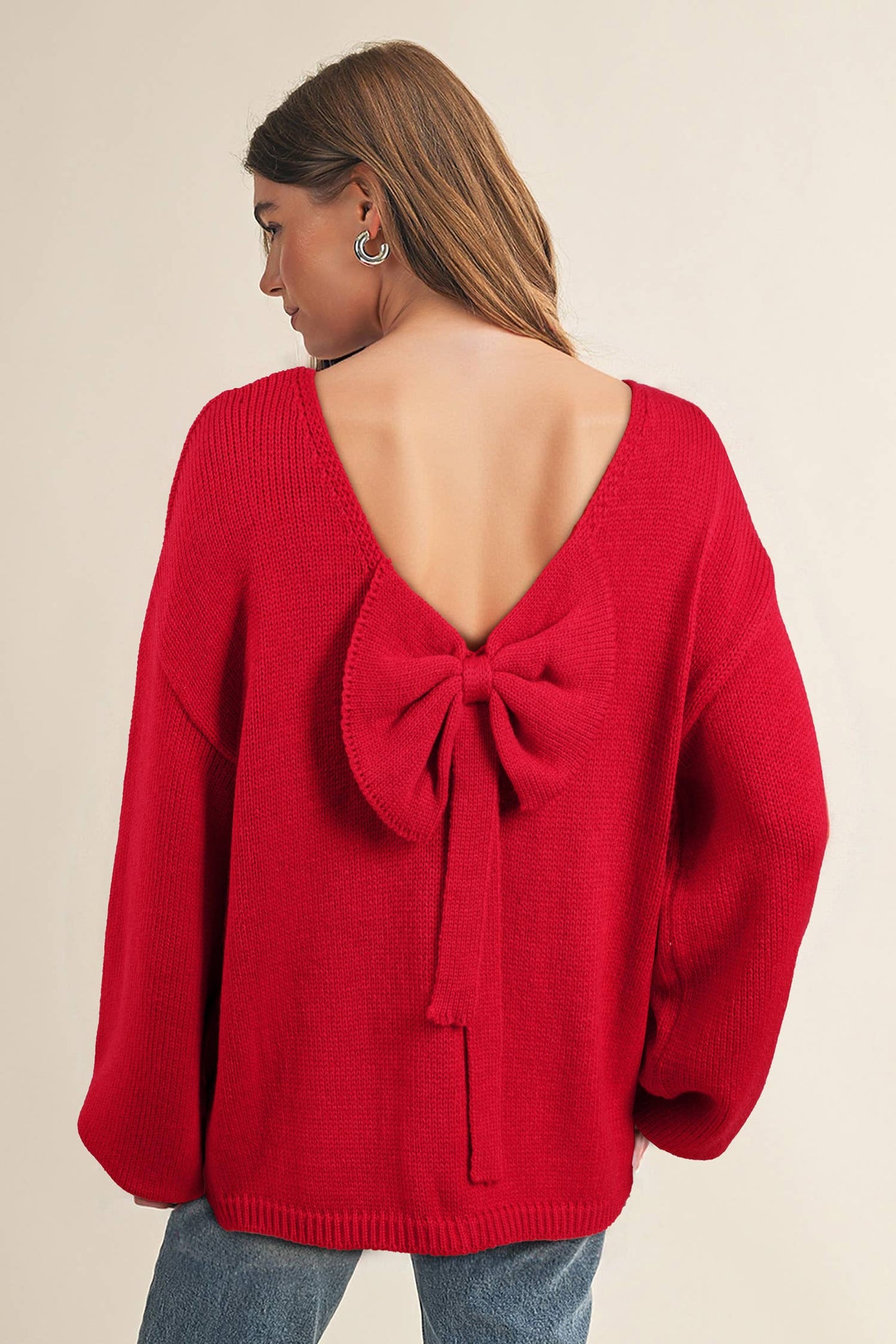 Red Bow Backless Crewneck Bubble Sleeve Sweater