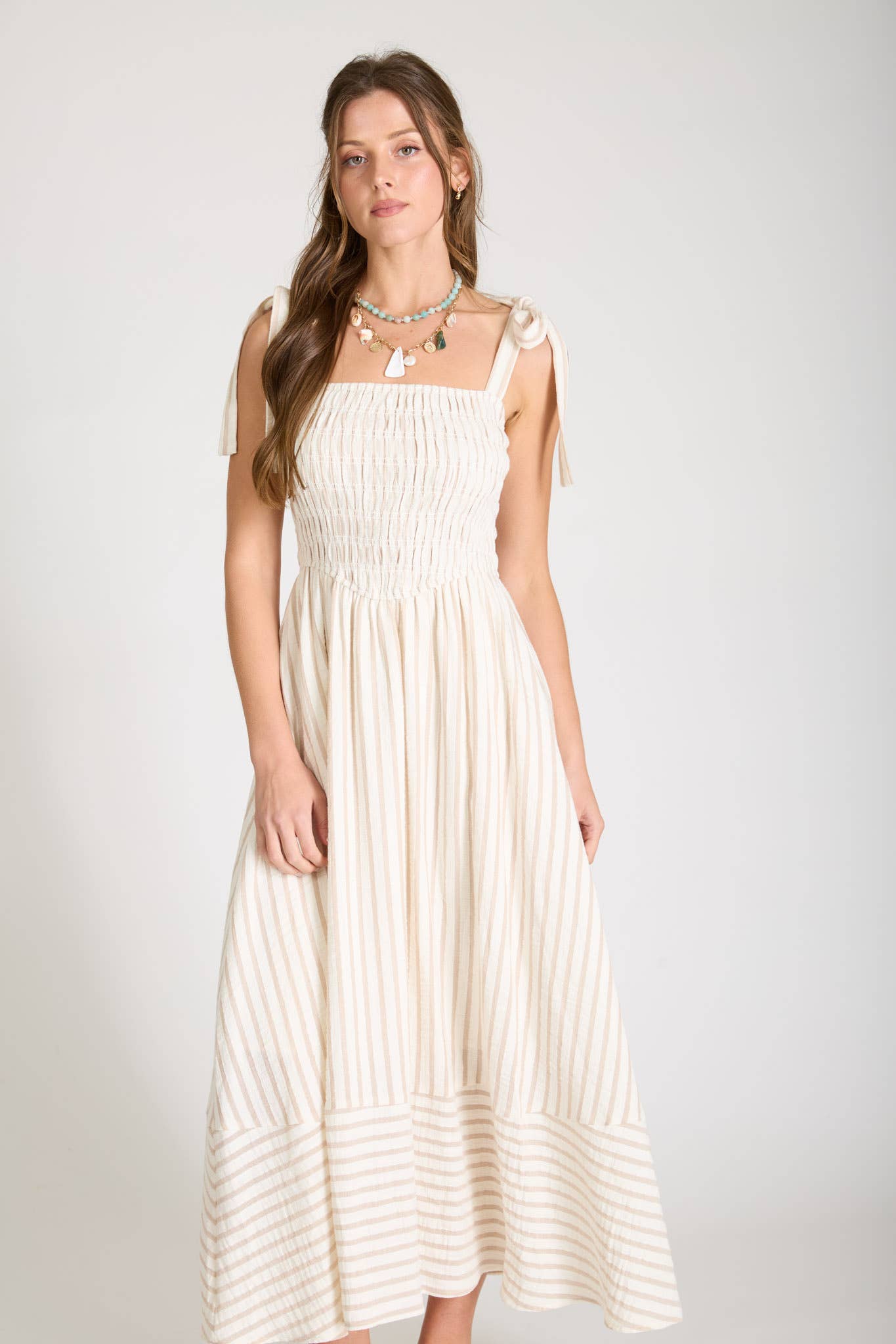 STRIPE SMOCKED TIE STRAP BASQUE WAIST MAXI DRESS