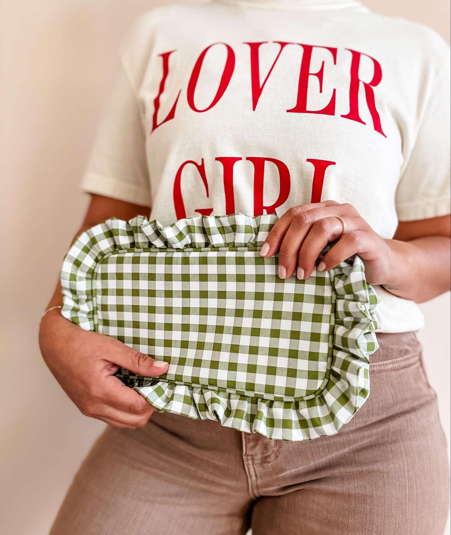 Gingham Ruffle Zipper Carry-all Pouch