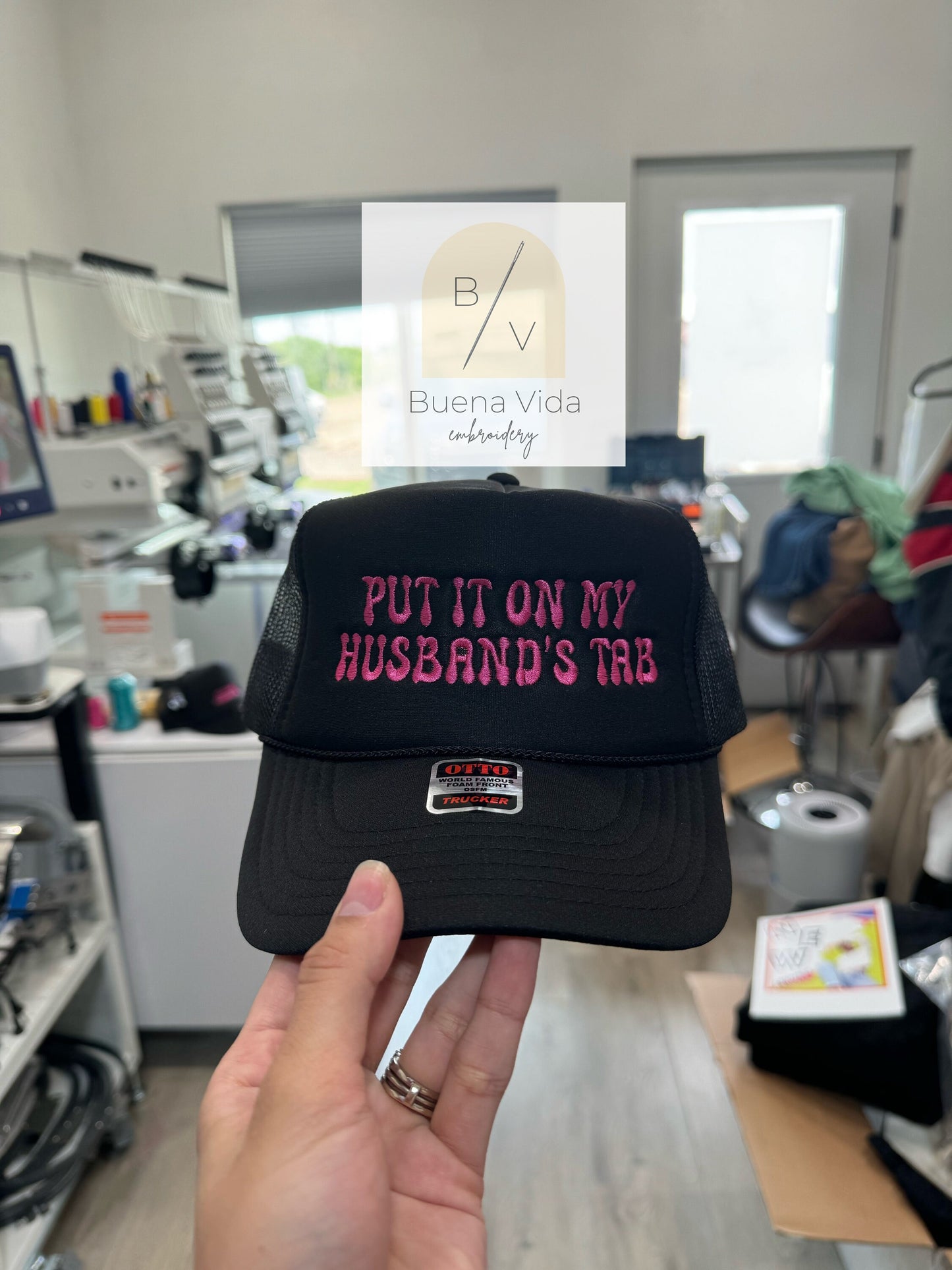 Put It On My Husband's Tab Embroidered Hat, Custom Trucker Hat
