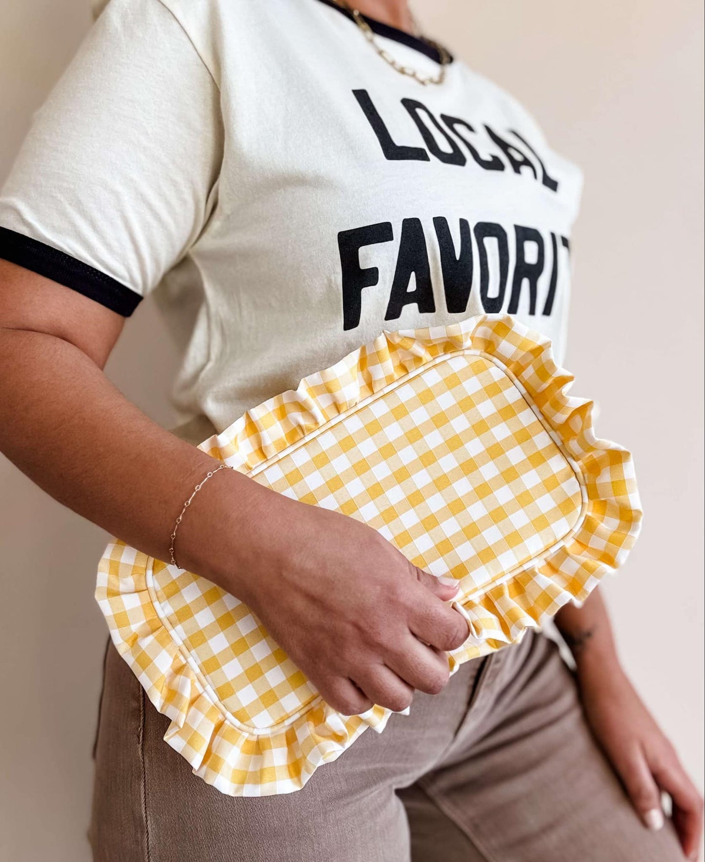 Gingham Ruffle Zipper Carry-all Pouch