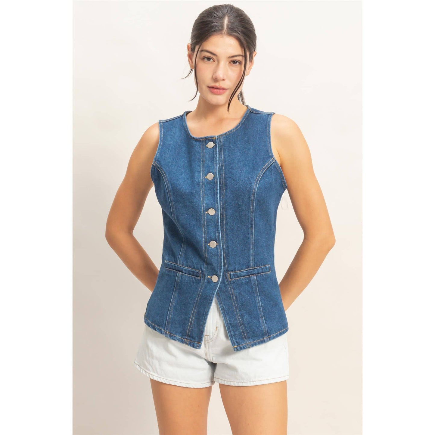 Button-Front Sleeveless Denim Vest