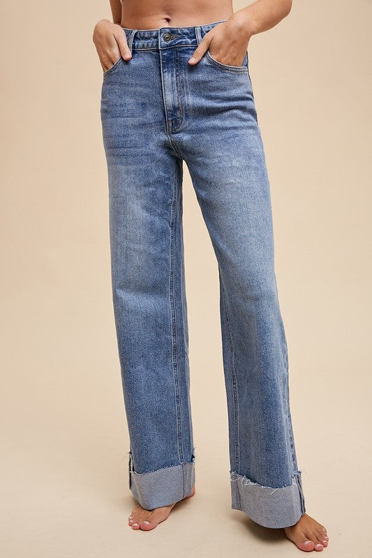 90s Stretch Cuffed Hem High-Rise Straight Jeans