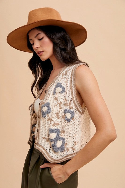 Floral Embroidered Crotchet Sweater Vest