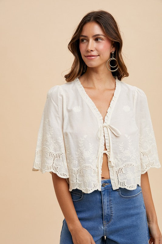 Floral Embroidery Front Tie Blouse
