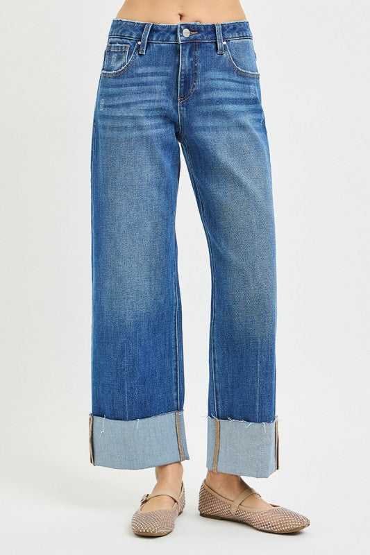 Stretchy Mid Rise Cropped Straight With Cuffed Hem
