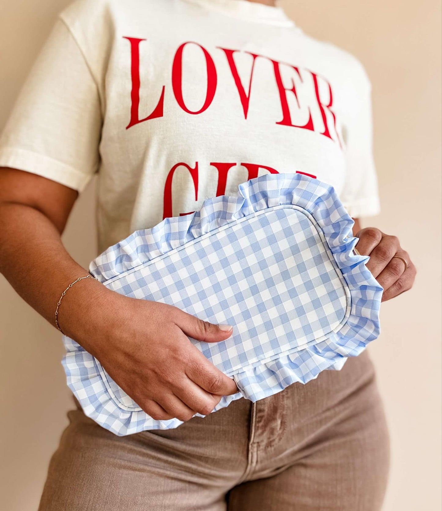 Gingham Ruffle Zipper Carry-all Pouch