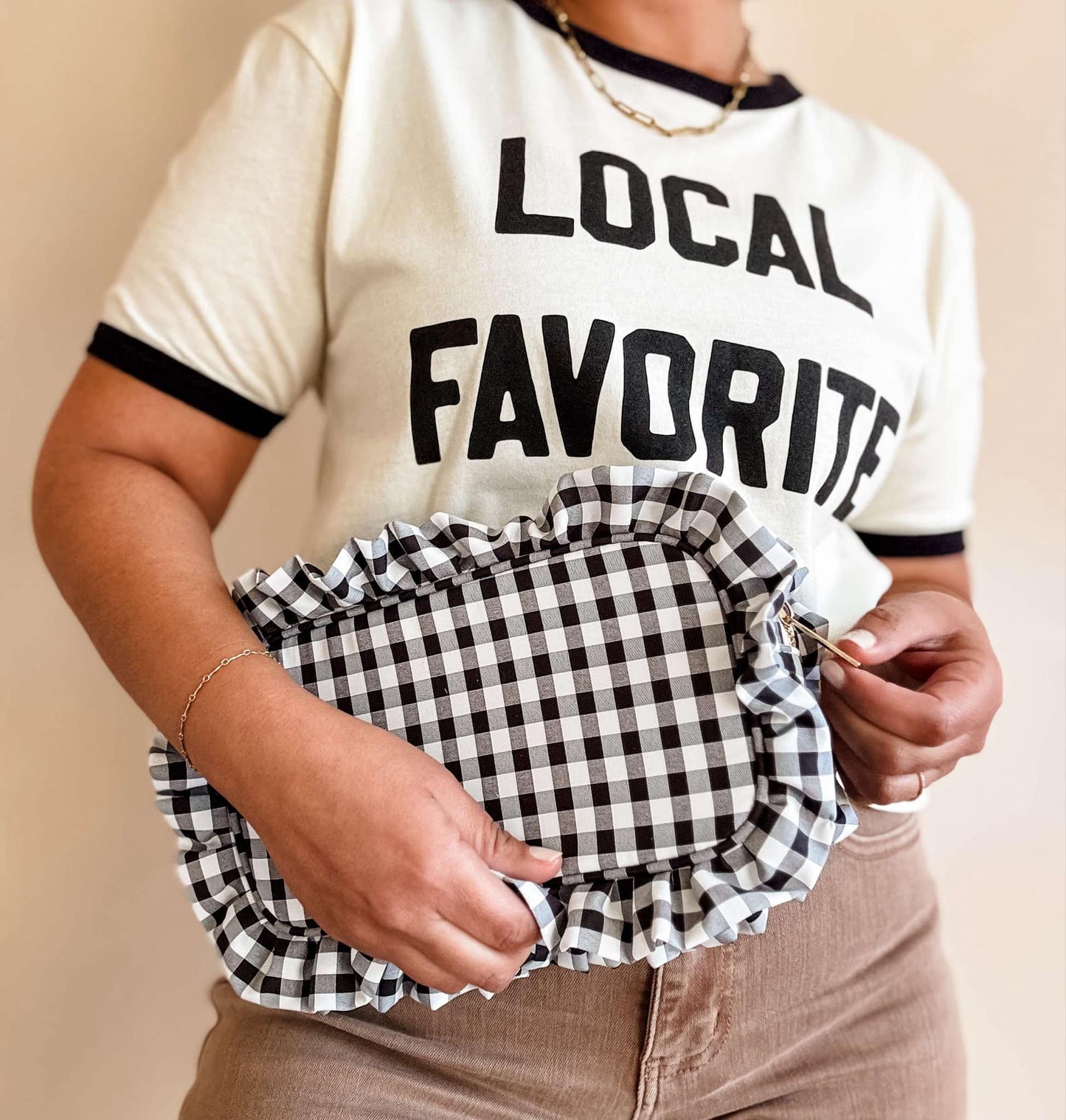 Gingham Ruffle Zipper Carry-all Pouch