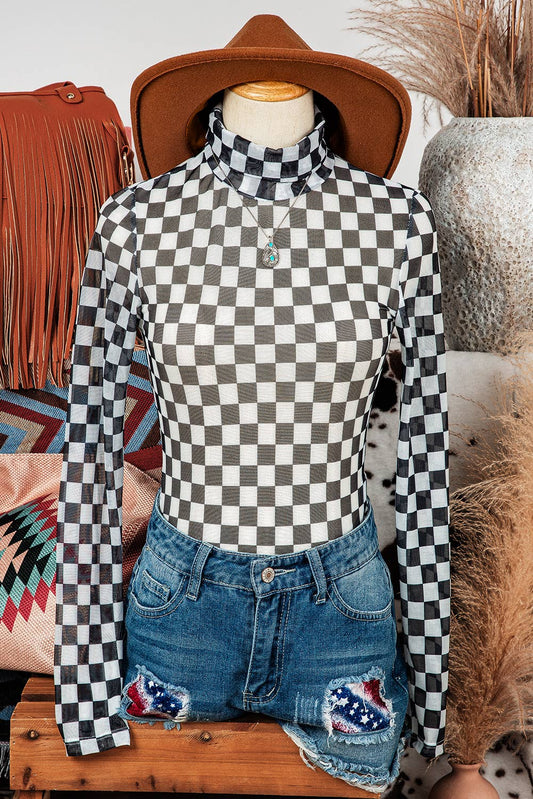 Checkered Long Sleeve High Neck Bodysuit