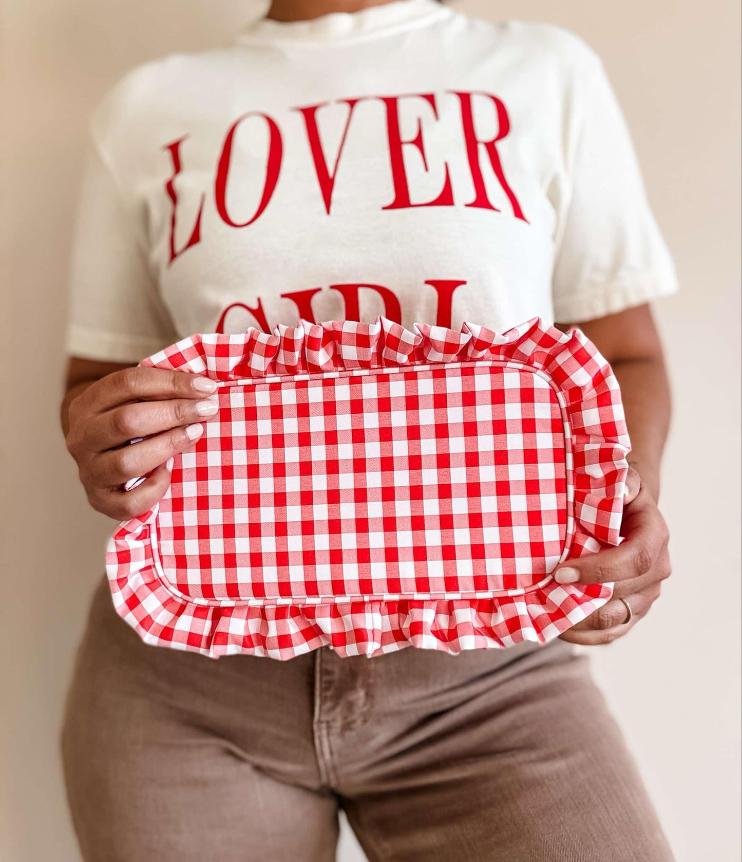 Gingham Ruffle Zipper Carry-all Pouch
