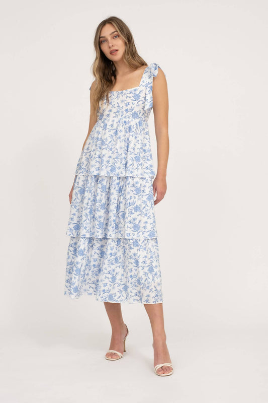 FLORAL TIE STRAP RUFFLE TIERED MIDI DRESS
