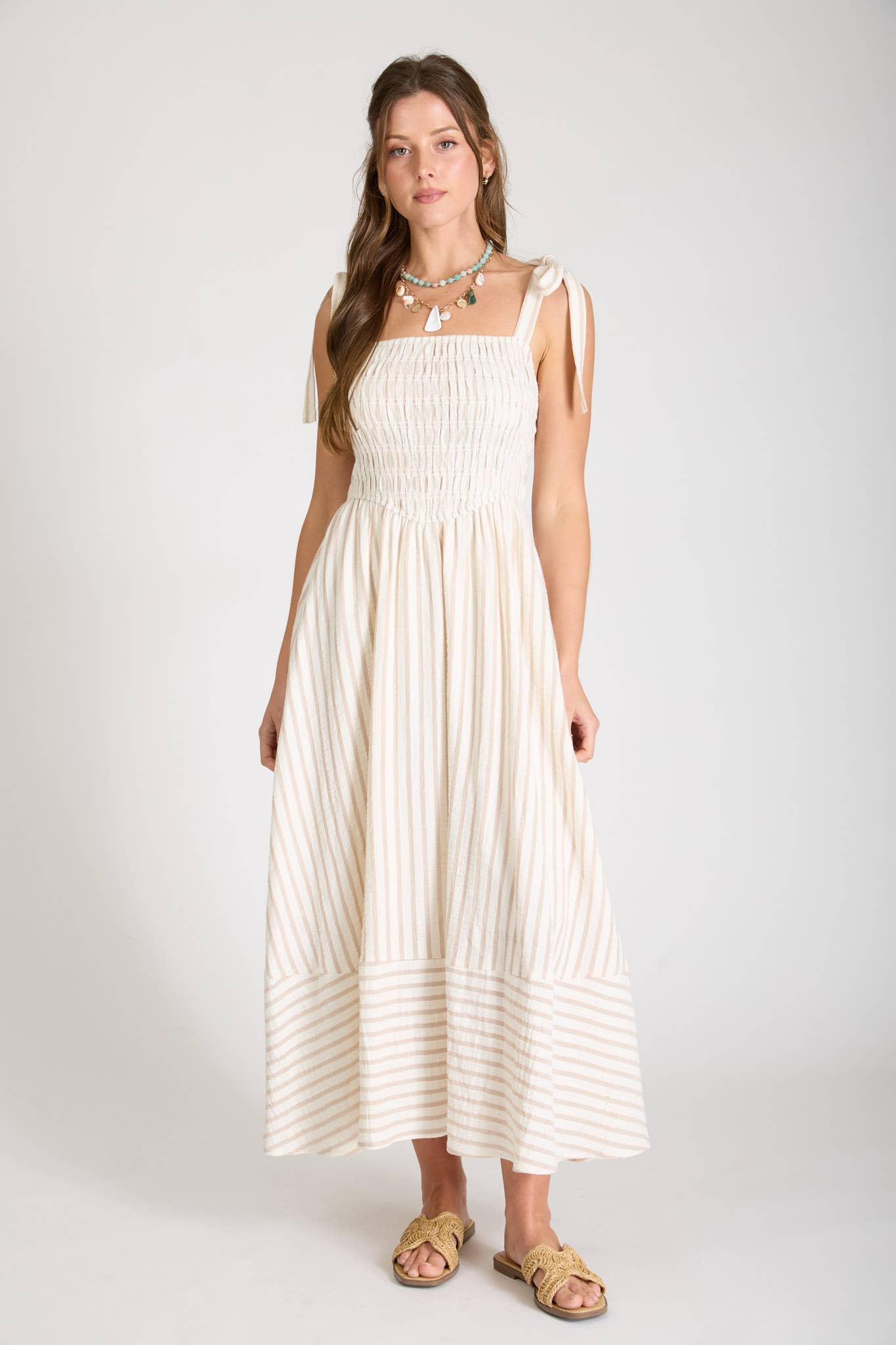 STRIPE SMOCKED TIE STRAP BASQUE WAIST MAXI DRESS