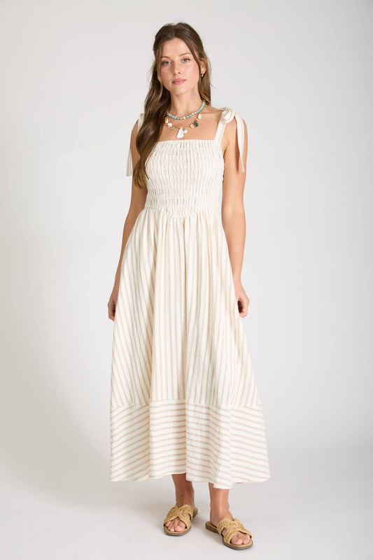 STRIPE SMOCKED TIE STRAP BASQUE WAIST MAXI DRESS