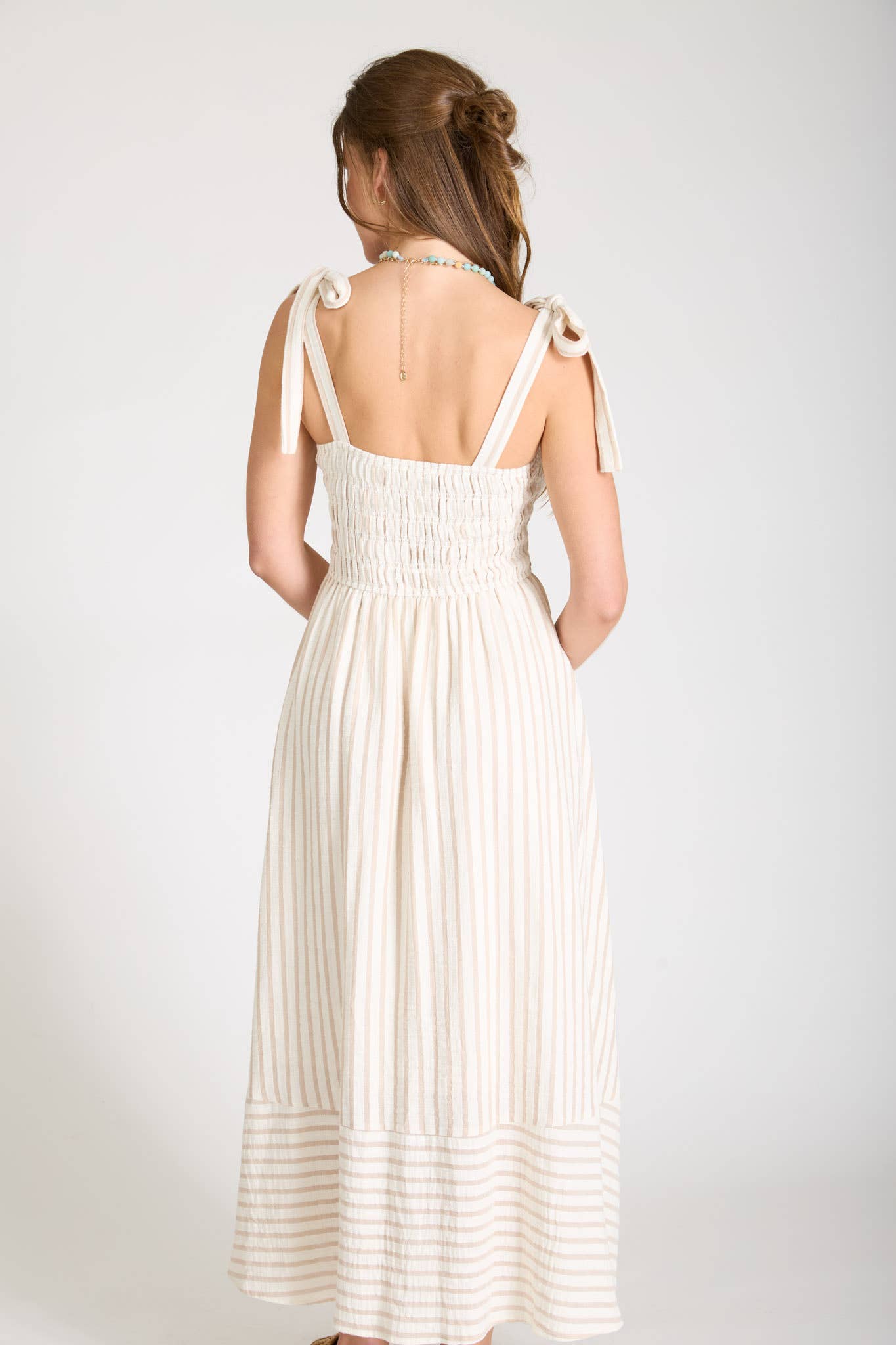 STRIPE SMOCKED TIE STRAP BASQUE WAIST MAXI DRESS