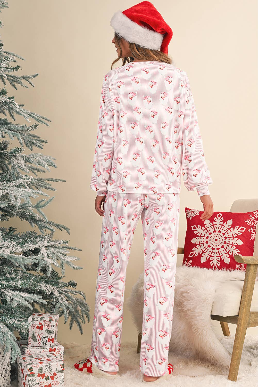 Christmas  Santa Claus Striped Print  Lounge Set