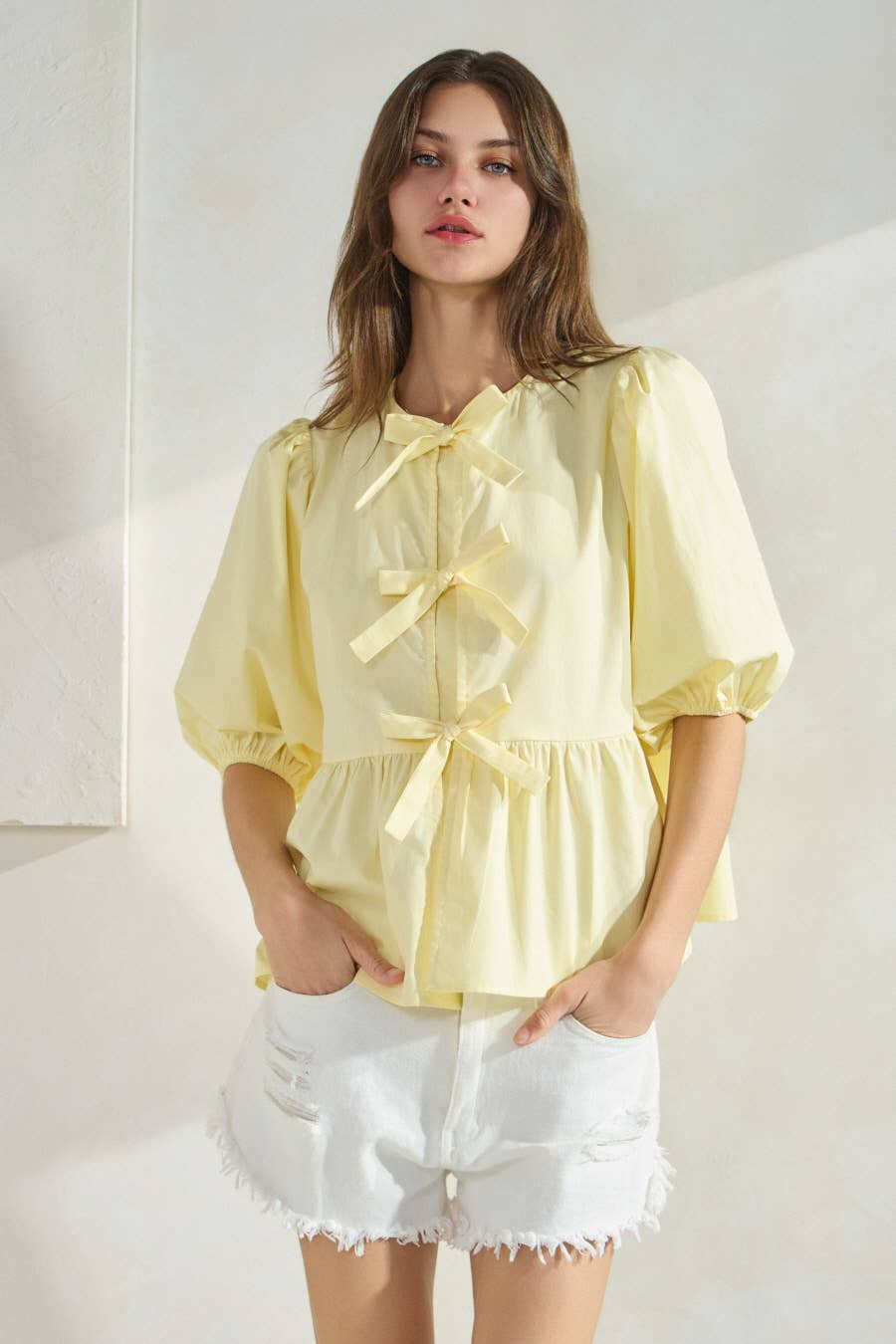 Solid Cotton Poplin Front Tie Ribbon Blouse