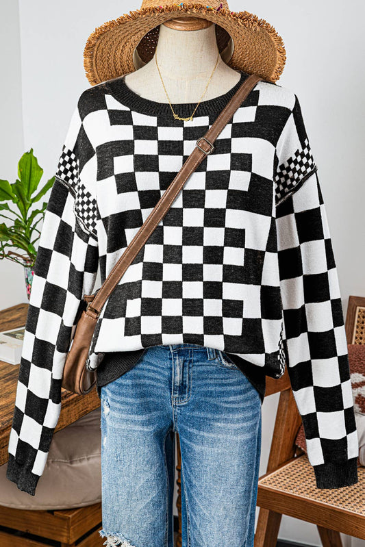 Checkered Print Drop Shoulder Round Neck Sweater
