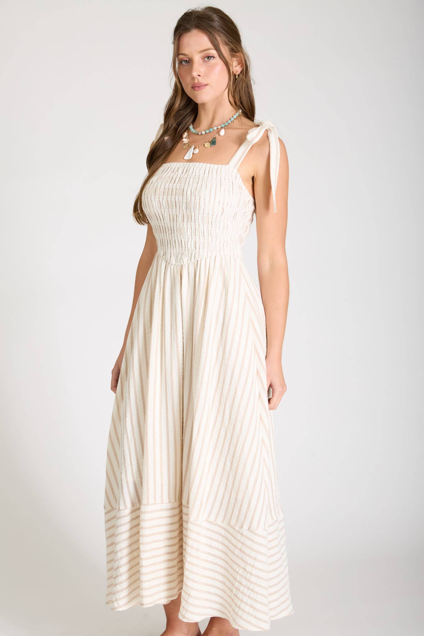 STRIPE SMOCKED TIE STRAP BASQUE WAIST MAXI DRESS