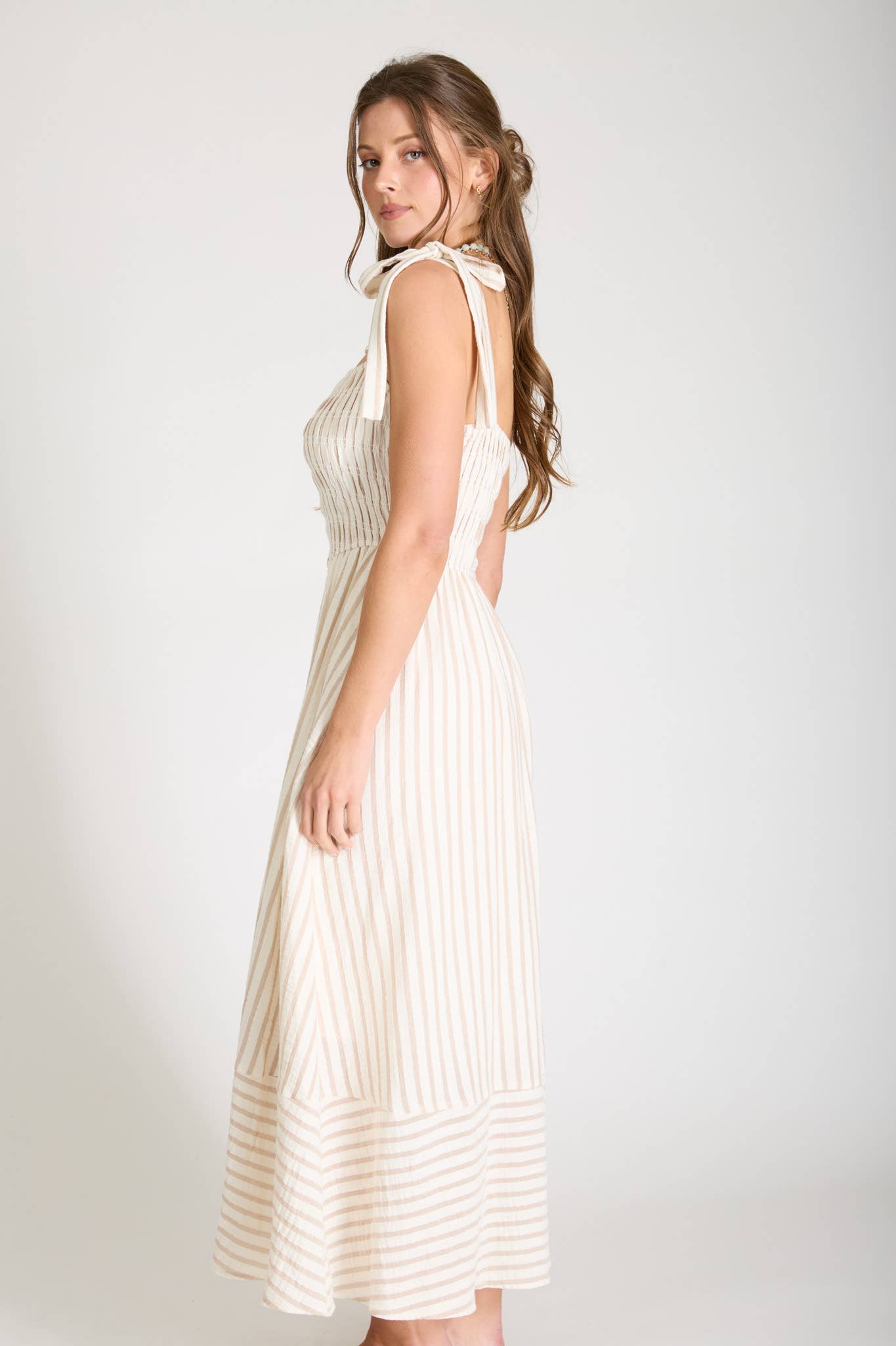 STRIPE SMOCKED TIE STRAP BASQUE WAIST MAXI DRESS