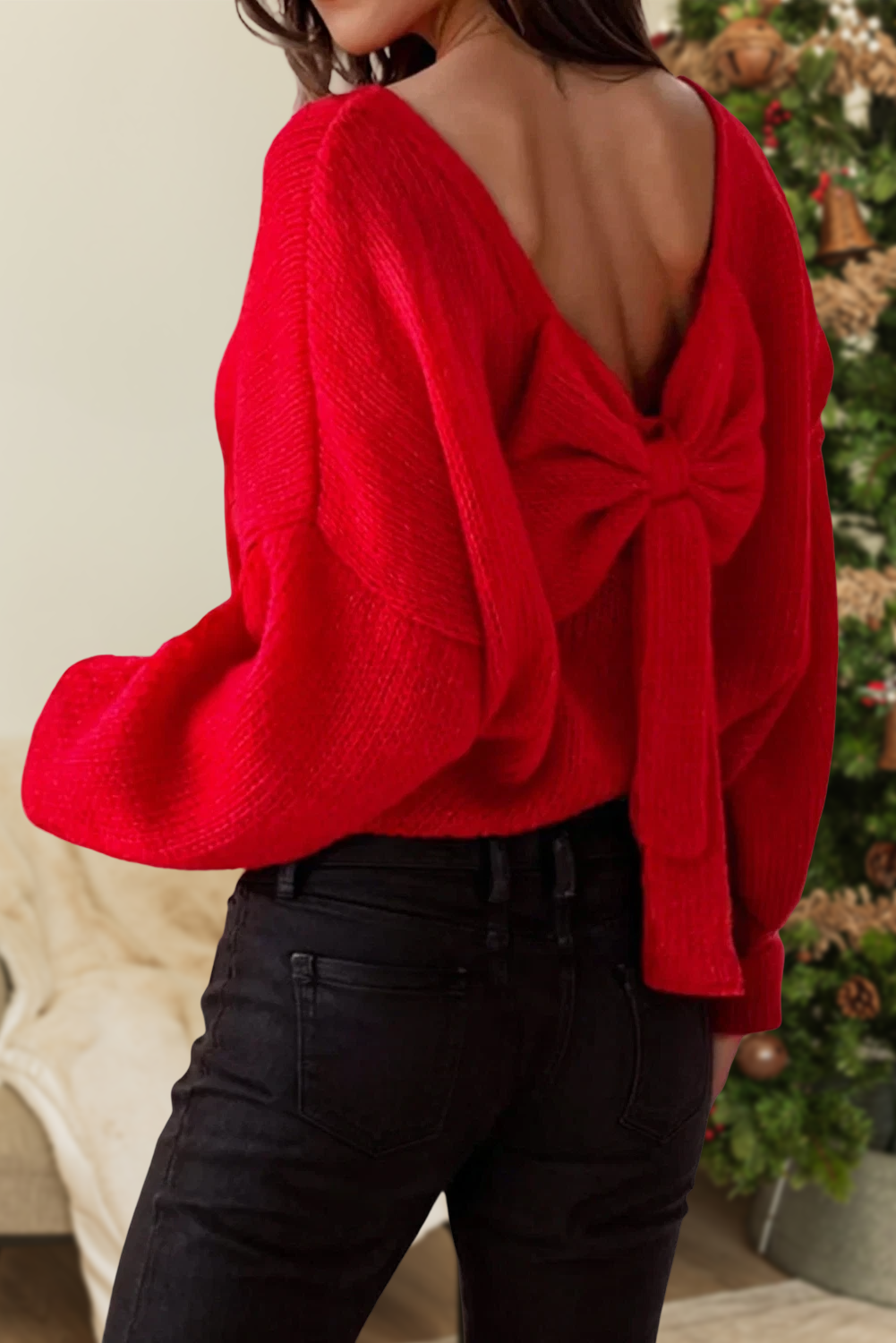 Red Bow Backless Crewneck Bubble Sleeve Sweater