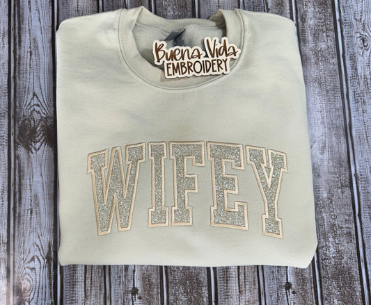 Wife Personalized Gift, Glitter Embroidered Tone on Tone Crewneck